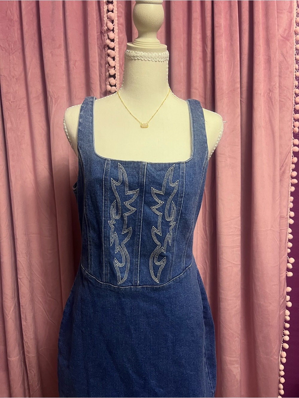 Sleeveless Blue Denim Mini Dress with Embroidered Front